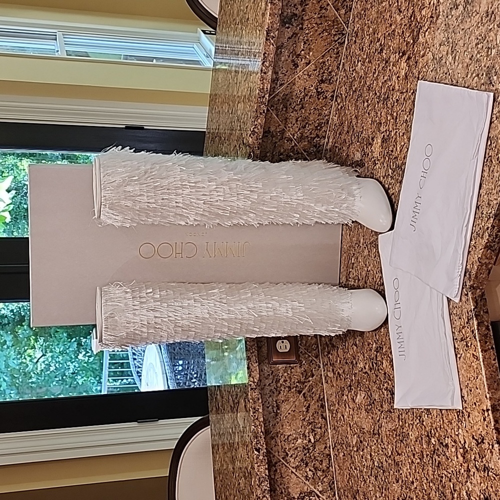 NIB Jimmy Choo White Magalie 100 Fringed Leather High Block Heel Boots - SZ 40.5 - Picture 1 of 17